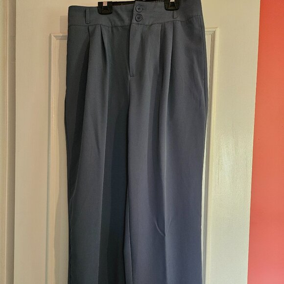 US-L,  High Waisted Shirred Back Side Pocket Plicated, Strt Leg Suit Pant - Blue - Picture 5 of 6